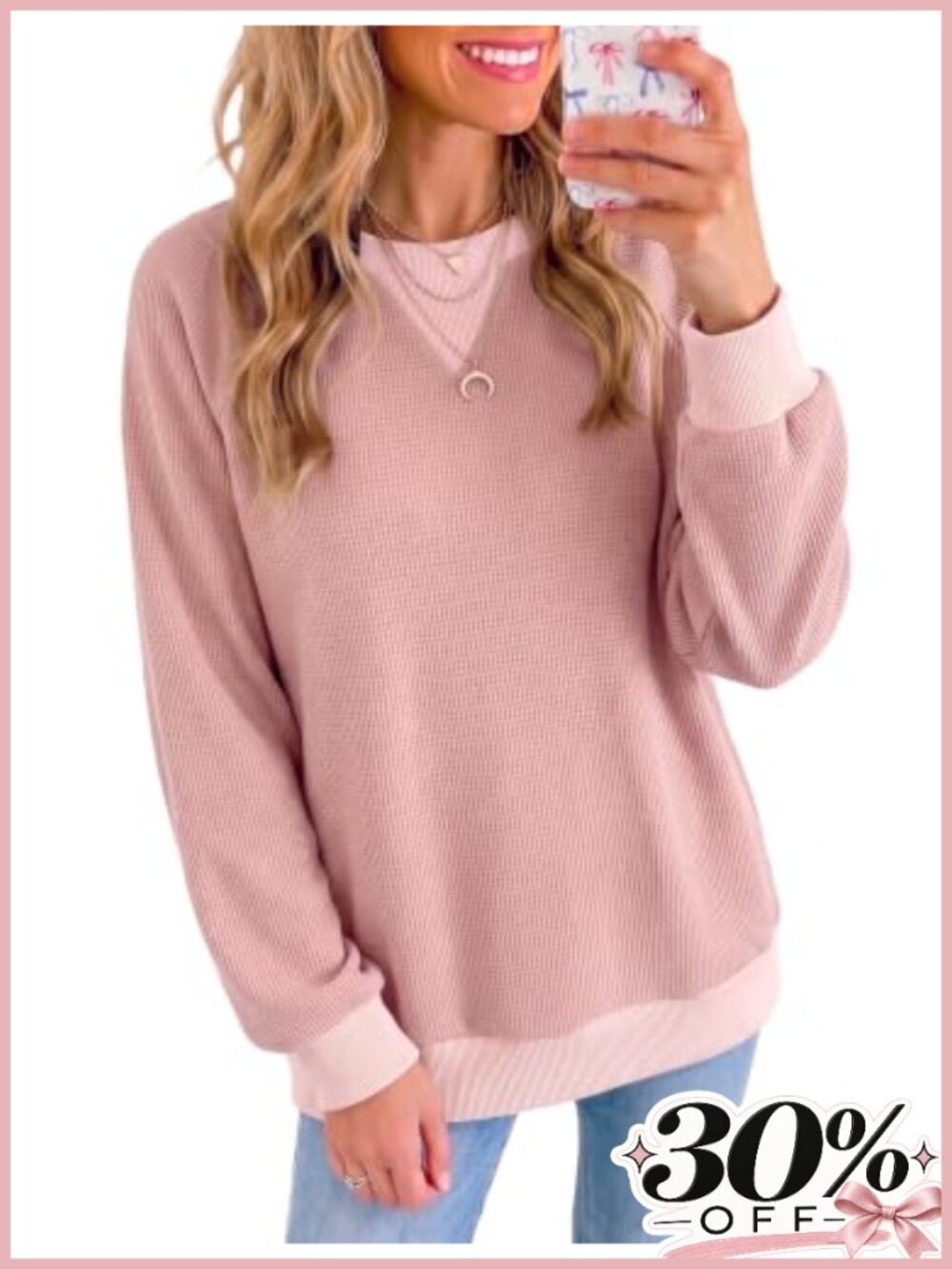 Waffle Knit Long Sleeve Oversized Crewneck Sweatshirt Pullover Top